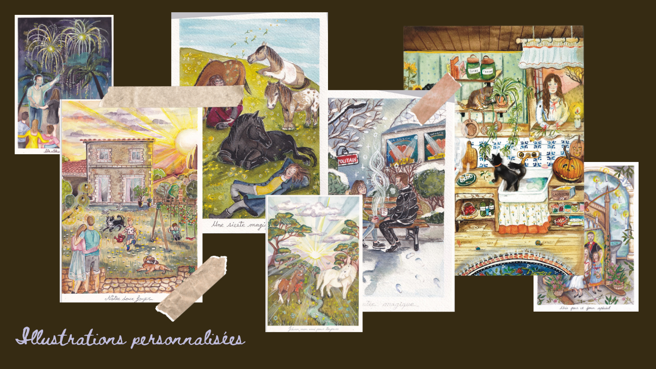 illustration personnalisée, votre maison d'enfance, votre animal de compagnie, un être cher